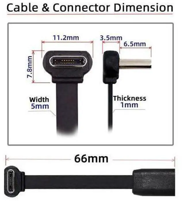 Alt view image 2 of 7 - Cable Ultra Slim Flat USB-C Type-C Male to Female Extension Power USB2.0 Data Cable 90 Degree Up Down Angled 65W Fast Charge for Laptop Tablet Phone