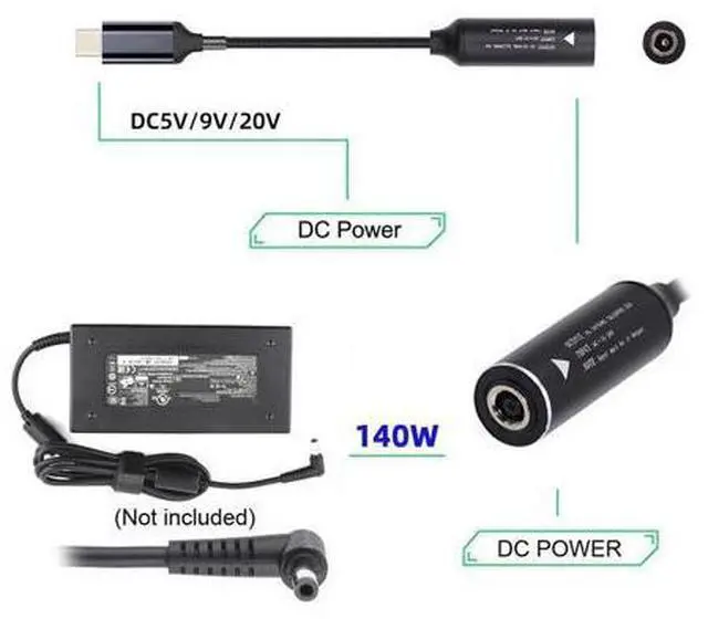 Alt view image 2 of 7 - Cable DC Jack 5.5X2.5mm Input to USB-C Type-C Power 140W Charge Cable for Laptop Phone PD9V 5V 20V