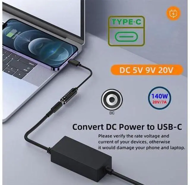 Alt view image 6 of 7 - Cable DC Jack 5.5X2.5mm Input to USB-C Type-C Power 140W Charge Cable for Laptop Phone PD9V 5V 20V