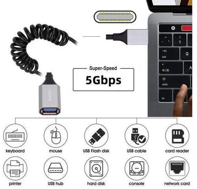 Alt view image 2 of 7 - USB 3.0 Coiled Cable,USB C Male to USB 3.0 Female High Speed Data Transfer Charging Cable 3.28FT for Phone/Laptop/USB Flash Drive