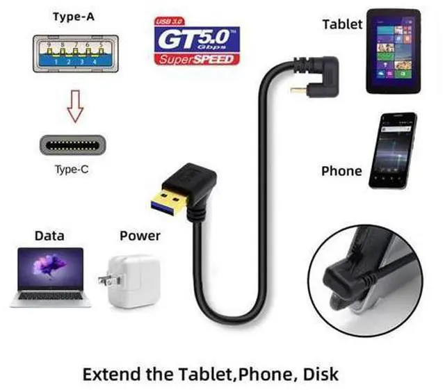 Alt view image 7 of 7 - Up Angled USB3.0 Type-A to Type C USB-C Male to Male Power Data Cable 5Gbps USB-C Opposite U Shape Back Angled