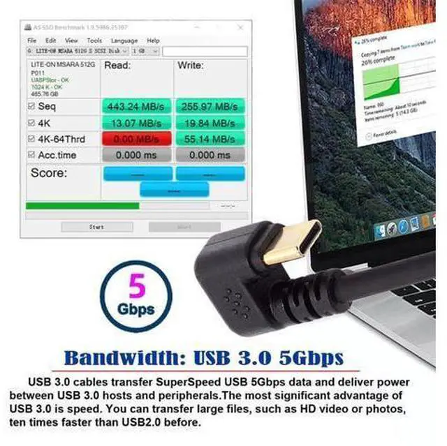 Alt view image 4 of 7 - Down Angled USB3.0 Type-A to Type C USB-C Male to Male Power Data Cable 5Gbps USB-C Opposite U Shape Back Angled
