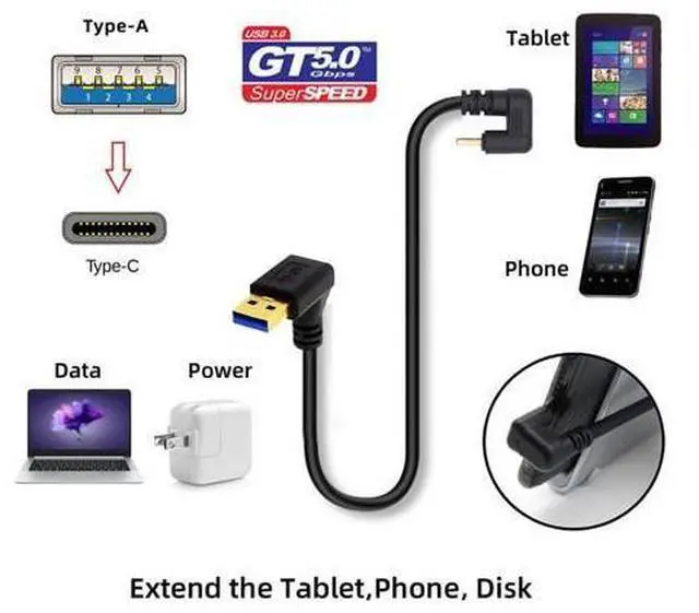 Alt view image 6 of 7 - Down Angled USB3.0 Type-A to Type C USB-C Male to Male Power Data Cable 5Gbps USB-C Opposite U Shape Back Angled