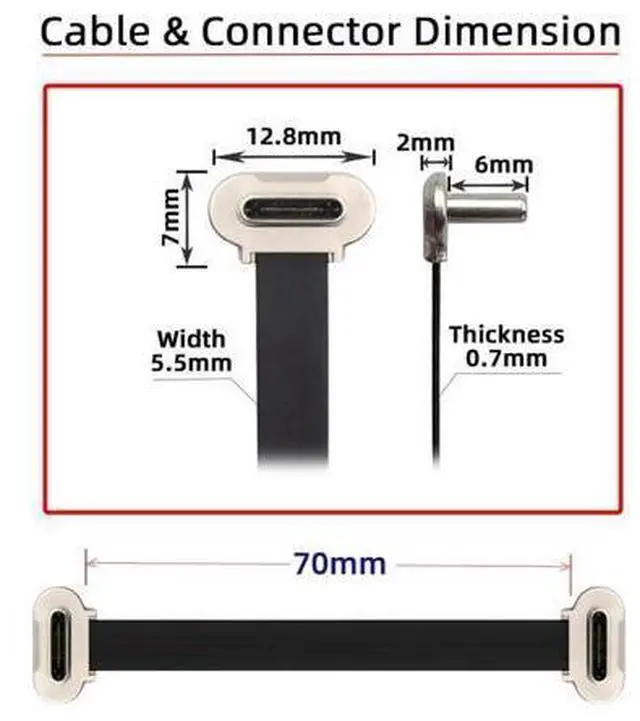 Alt view image 2 of 7 - Cord Dual Angled Ultra Slim Flat USB-C Type C to USB-C Power USB2.0 Data Cable 65W Fast Charge for Laptop Tablet Phone (Length=70mm)
