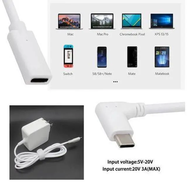 Alt view image 3 of 7 - Cable White USB-C Type-C Male to Female Extension Power USB2.0 Data Cable 90 Degree Left Right Angled 65W Fast Charge for Laptop Tablet Phone