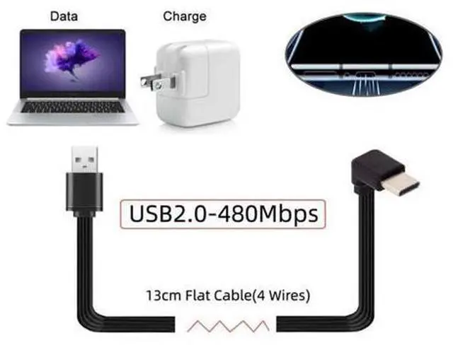 Alt view image 2 of 7 - USB C Short Flat Cable, USB 2.0 Type A Male to USB C Male 90 Degree UP Angled 4 Wires 5V 2A Charge Data Extension Silicone Cable 4 Wires 30AWG 13cm