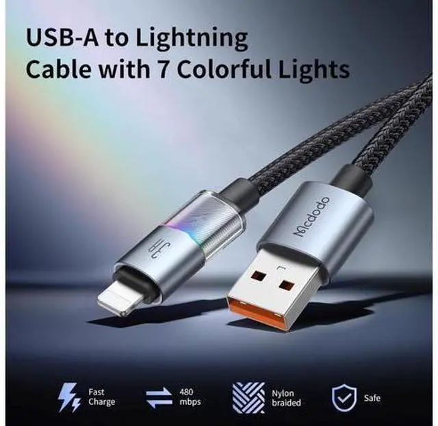 Alt view image 2 of 7 - mcdodo USB-A to Lightning Charging Cable with 7 Colorful Lights, 4ft Length Nylon Braided USB Lightning 3A Fast Charger Cable Cord Fit for iPhone 14 13 12 11/Pro/ProMax/Plus, iPad, AirPods, iTouch
