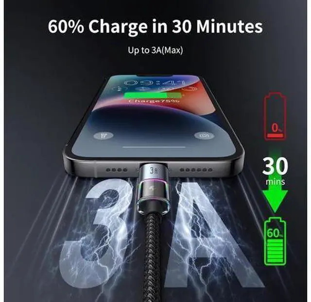 Alt view image 3 of 7 - mcdodo USB-A to Lightning Charging Cable with 7 Colorful Lights, 4ft Length Nylon Braided USB Lightning 3A Fast Charger Cable Cord Fit for iPhone 14 13 12 11/Pro/ProMax/Plus, iPad, AirPods, iTouch
