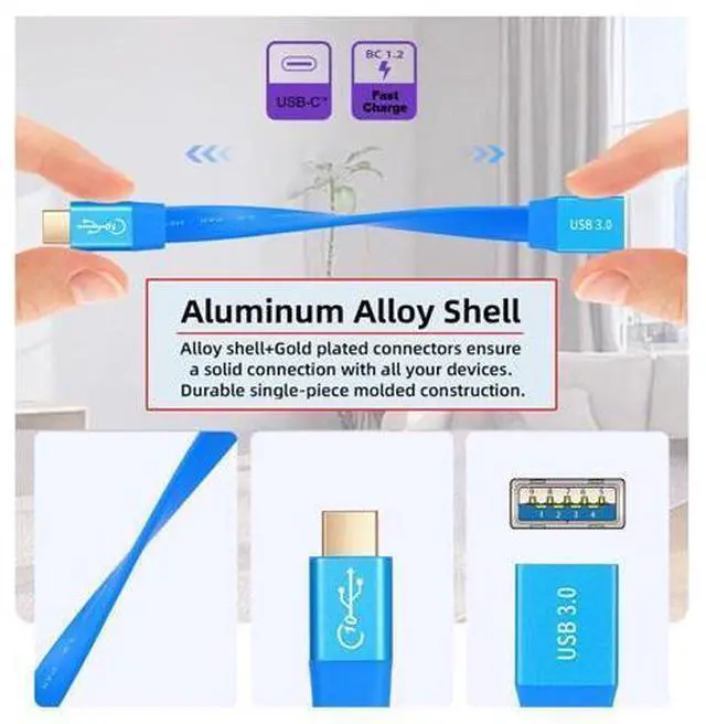 Alt view image 7 of 7 - Ultra Flat Slim USB 3.0 Type-C Male USB-C to OTG USB3.0 Type-A Female Cable On-The-Go Blue 10Gbps for Laptop Computer Disk SSD Camera Data 20cm