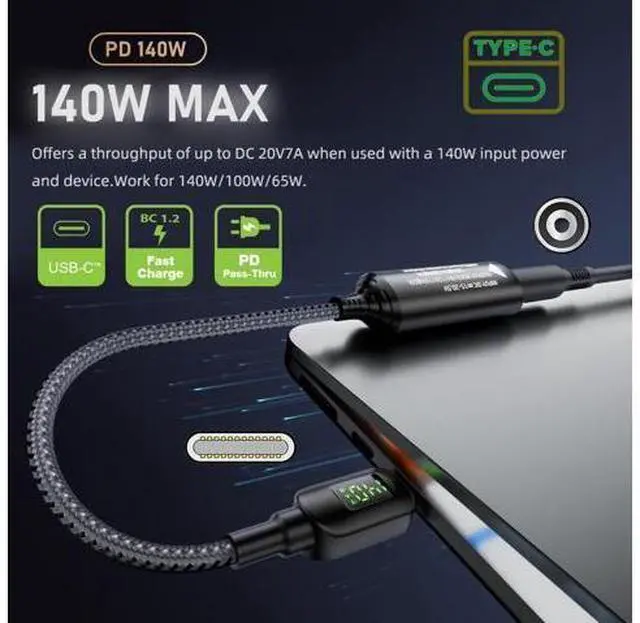 Alt view image 4 of 7 - DC Jack 7.4x5.0mm Input to USB-C Type-C Power 140W Smart LED Display Charge Cable for Laptop Phone PD9V/5V/20V/7A