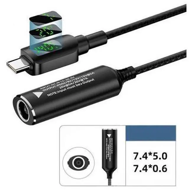 Alt view image 2 of 7 - DC Jack 7.4x5.0mm Input to USB-C Type-C Power 140W Smart LED Display Charge Cable for Laptop Phone PD9V/5V/20V/7A