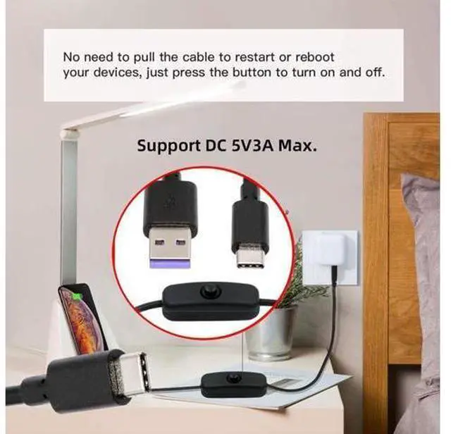 Alt view image 2 of 7 - Type-C USB2.0 to Type-A Cable with On Off Power Switch Button USB-C for DC 5V Desk Lamp Fan Camera