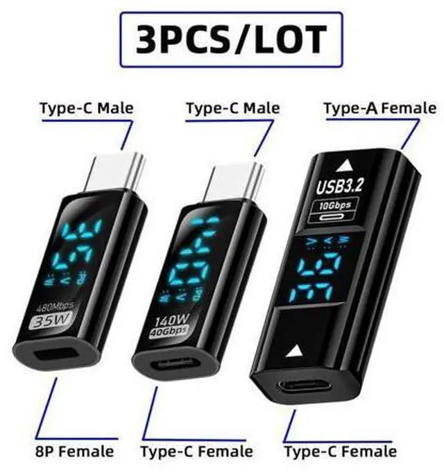 Alt view image 2 of 7 - Adapter 3pcs/lot Type-C Smart LED Display USB-C Female to USB Type-A 8P Adapter Data Current Voltage Fast Charging Monitoring Display Tester Detector