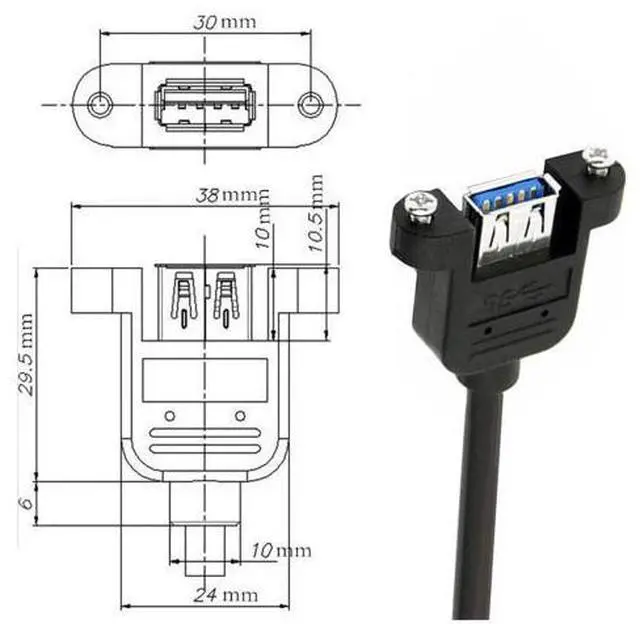 Alt view image 6 of 7 - 12 Inch Short USB Extension Cable, USB 3.0 Male to Female Panel Mount Type Cable with Screws