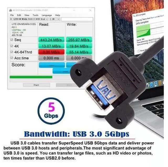 Alt view image 2 of 7 - 12 Inch Short USB Extension Cable, USB 3.0 Male to Female Panel Mount Type Cable with Screws