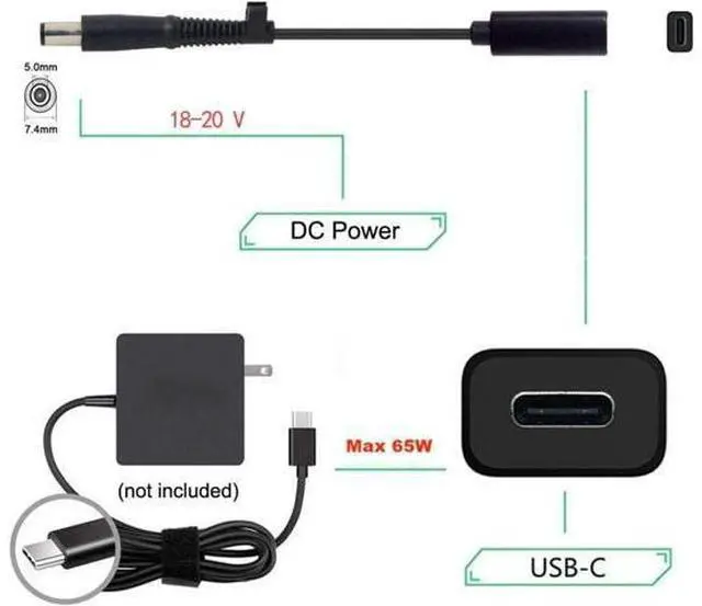 Alt view image 4 of 6 - USB-C Type C Female Input to DC 7.4x5.0mm Cable fit for Laptop DC 19.5V