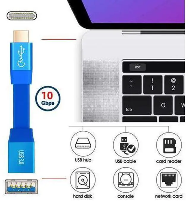 Alt view image 3 of 7 - Ultra Flat Slim USB 3.0 Type-C Male USB-C to OTG USB3.0 Type-A Female Cable On-The-Go Blue 10Gbps for Laptop Computer Disk SSD Camera Data 20cm