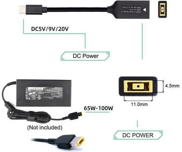 Alt view image 2 of 7 - Rectangle Jack Thinkpad X1 Input to USB-C Type-C Power Plug Charge Cable for Laptop Phone PD9V 15V 20V