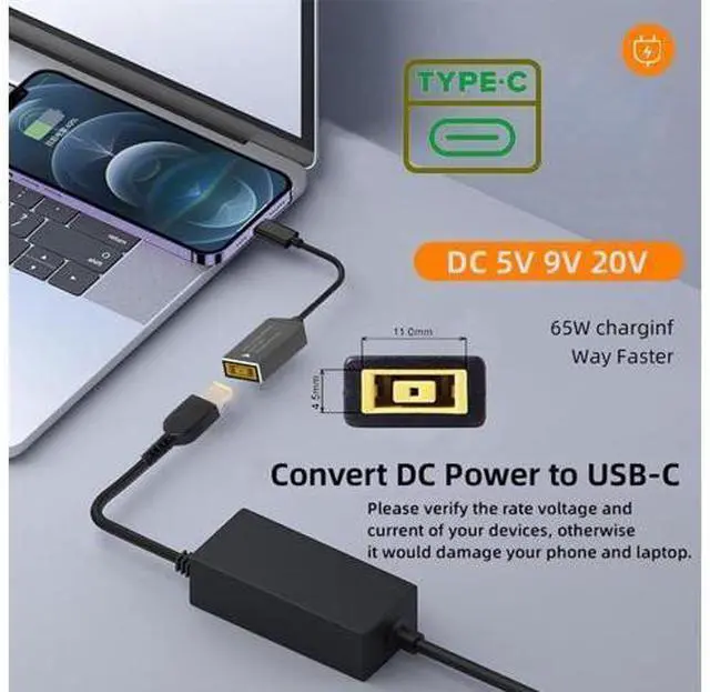 Alt view image 5 of 7 - Rectangle Jack Thinkpad X1 Input to USB-C Type-C Power Plug Charge Cable for Laptop Phone PD9V 15V 20V