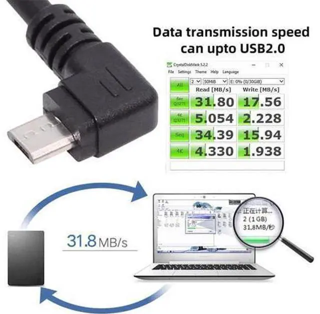 Alt view image 4 of 7 - Left Angled 90 Degree Micro USB 5Pin to USB 2.0 Type-A Data Charge Cable for Phone Tablet Camera 100cm