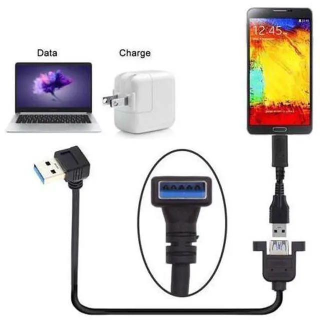 Alt view image 4 of 7 - 12 Inch Short USB Extension Cable, USB 3.0 Male to Female 90 Degree Down Angled Panel Mount Type Cable with Screws