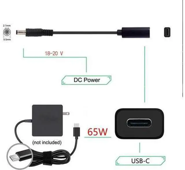 Alt view image 2 of 7 - USB C to DC 20V 5.5x2.1mm PD 65W Charge Cable Type-C Female Input to DC Output for Laptop