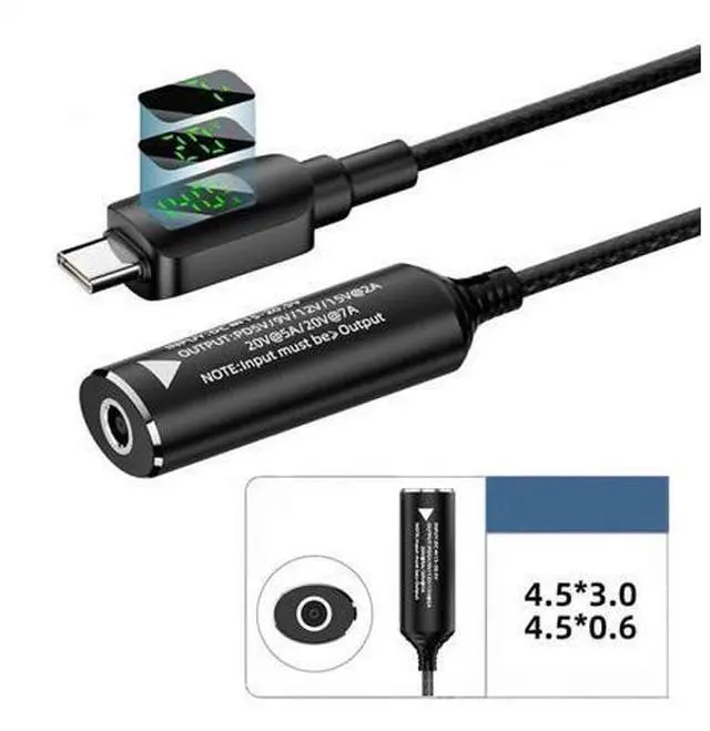 Alt view image 2 of 7 - DC Jack 4.5x3.0mm Input to USB-C Type-C Power 140W Smart LED Display Charge Cable for Laptop Phone PD9V/5V/20V/7A