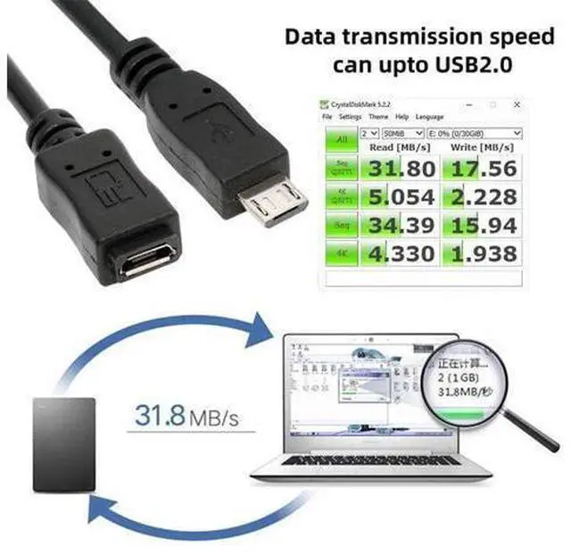 Alt view image 3 of 7 - USB 2.0 Micro USB 5Pin Male to Female Extension Cable - Hi Speed Data & Power (20cm)