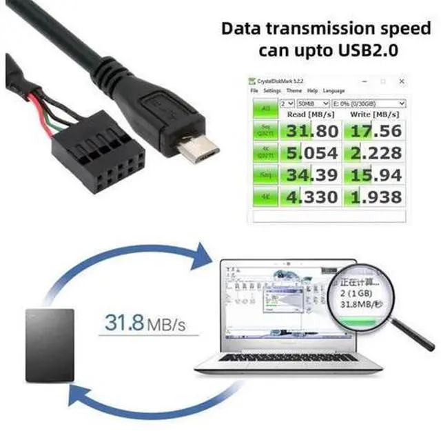 Alt view image 6 of 7 - USB 2.0 9Pin 10Pin Motherboard Header to Micro USB 5Pin Data Cable 0.5M