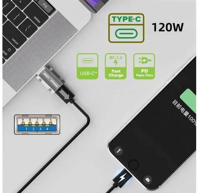 Alt view image 3 of 7 - USB-C USB 3.1 Type C Female to USB 3.0 A Male 10Gbps Data 120W Power Adapter Alloy Shell for Laptop Tablet Mobile Phone