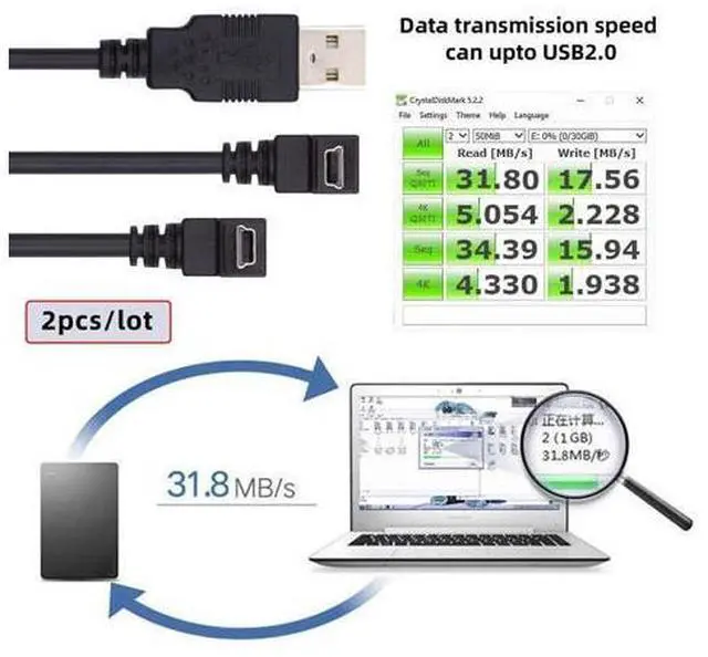 Alt view image 3 of 7 - Cable 2pcs/lot Down & Up Angled Mini USB B Type 5pin Male 90 Degree to USB 2.0 Male Power Data Cable 50cm