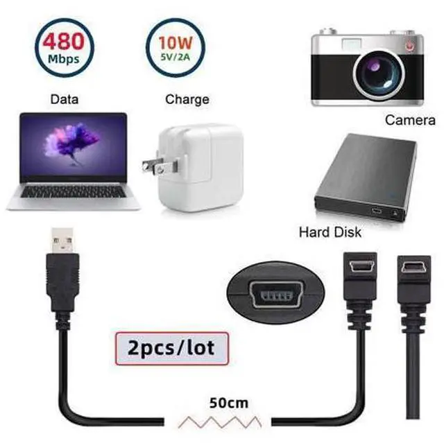 Alt view image 7 of 7 - Cable 2pcs/lot Down & Up Angled Mini USB B Type 5pin Male 90 Degree to USB 2.0 Male Power Data Cable 50cm