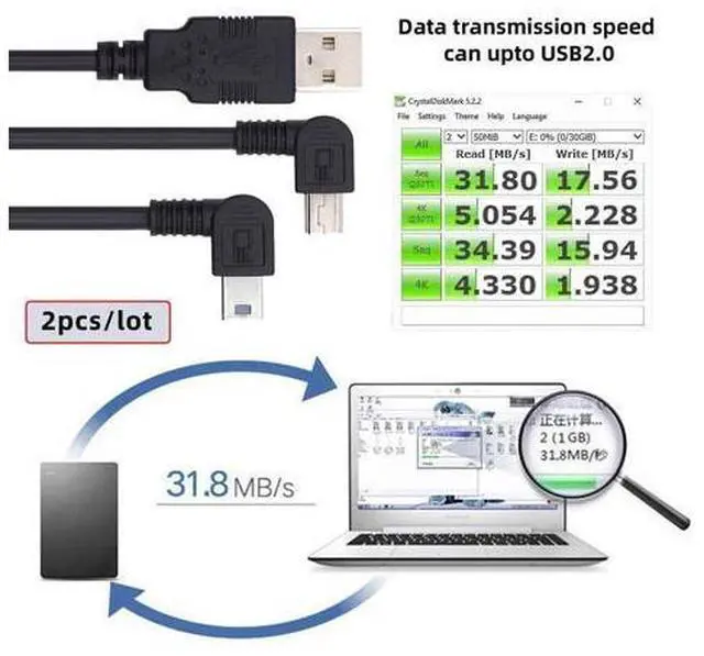 Alt view image 3 of 7 - Cable 2pcs/lot Left & Right Angled Mini USB B Type 5pin Male 90 Degree to USB 2.0 Male Power Data Cable 50cm