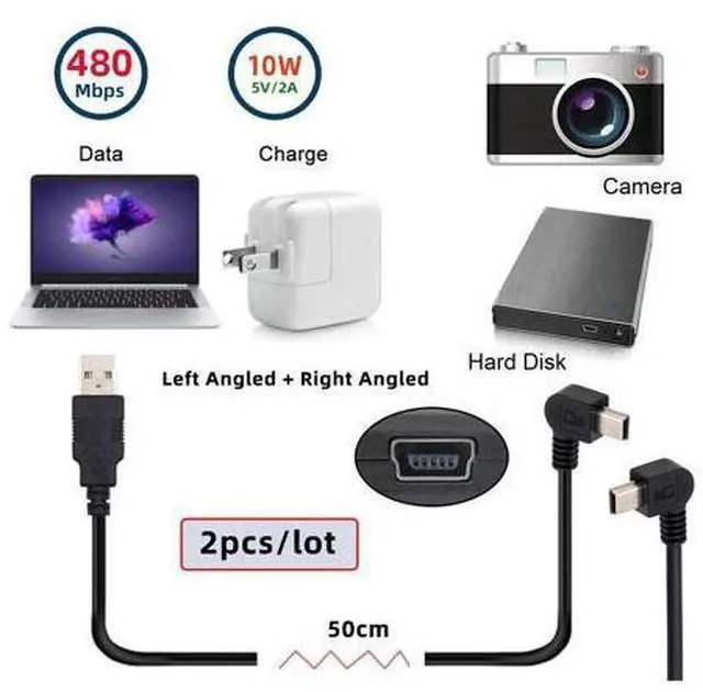 Alt view image 7 of 7 - Cable 2pcs/lot Left & Right Angled Mini USB B Type 5pin Male 90 Degree to USB 2.0 Male Power Data Cable 50cm