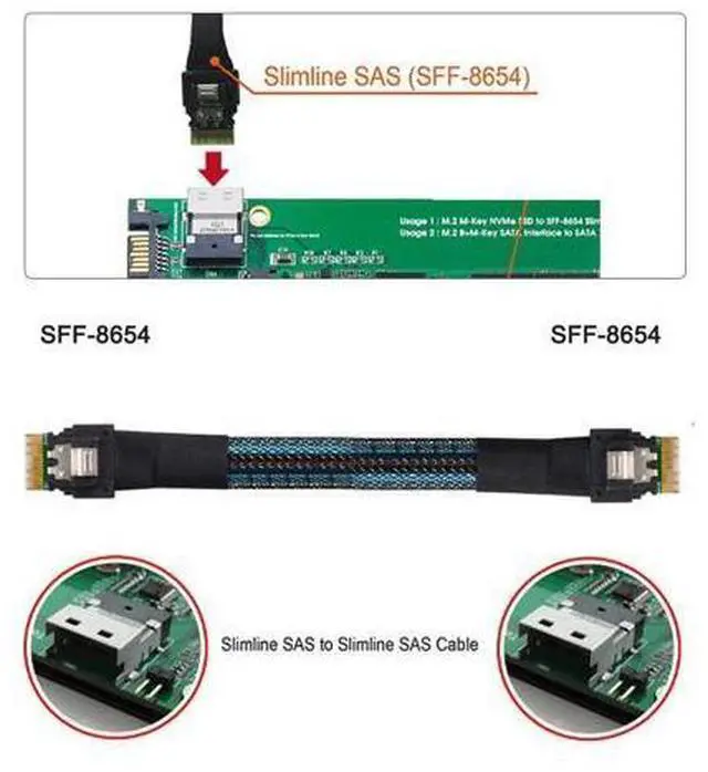 Alt view image 3 of 7 - Slimline Cable PCI-E SAS 4.0 SFF-8654 4i 38pin Host to SFF-8654 Slim SAS Target Cable 40cm