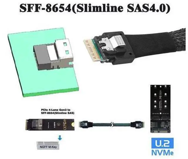Alt view image 2 of 7 - Slimline Cable PCI-E SAS 4.0 SFF-8654 4i 38pin Host to SFF-8654 Slim SAS Target Cable 40cm