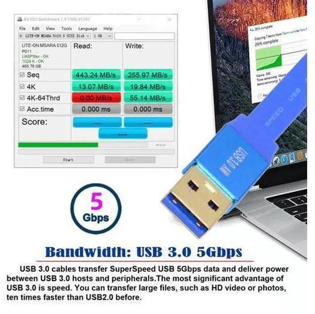 Alt view image 2 of 7 - Ultra Flat Slim USB 3.0 Type-A Male to USB3.0 A Male Cable Extension Blue 5Gbps for Disk SSD Camera Data (60cm)