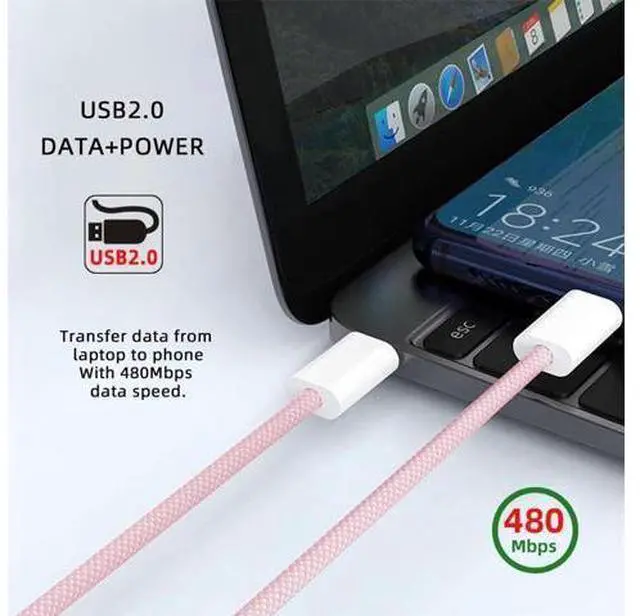 Alt view image 3 of 7 - USB-C Type C Male to Male PD 27W 65W Power 480Mbps Data Cable Pink Sleeve for Phone & Tablet & Laptop 20cm