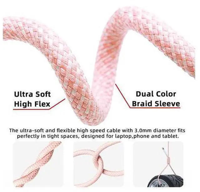 Alt view image 6 of 7 - USB-C Type C Male to Male PD 27W 65W Power 480Mbps Data Cable Pink Sleeve for Phone & Tablet & Laptop 20cm