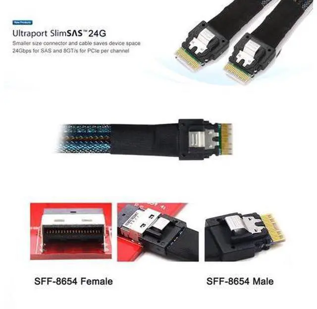 Alt view image 6 of 7 - Slimline Cable PCI-E SAS 4.0 SFF-8654 4i 38pin Host to SFF-8654 Slim SAS Target Cable 40cm