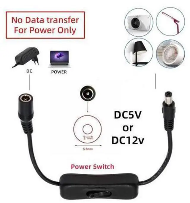 Alt view image 6 of 7 - DC Power Switch Extension Cable DC 5.5x2.1mm Male to Female with On/Off Power Switch Button DC 5V Power Extension Cable, Black, CY-PW-012-DC