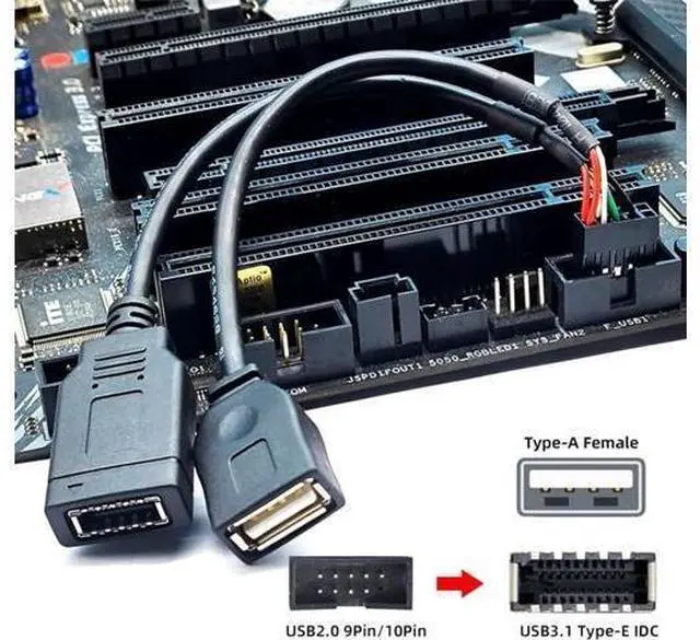 Alt view image 2 of 7 - USB 2.0 9Pin Male 1 to 2 USB 2.0/USB 3.1 Type E Key-A Female Front Panel Socket to 9Pin Mainboard Header Extension Cable 0.49FT