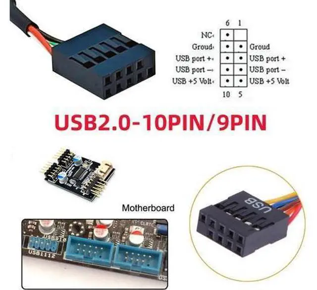Alt view image 3 of 7 - USB 2.0 9Pin Male 1 to 2 USB 2.0/USB 3.1 Type E Key-A Female Front Panel Socket to 9Pin Mainboard Header Extension Cable 0.49FT