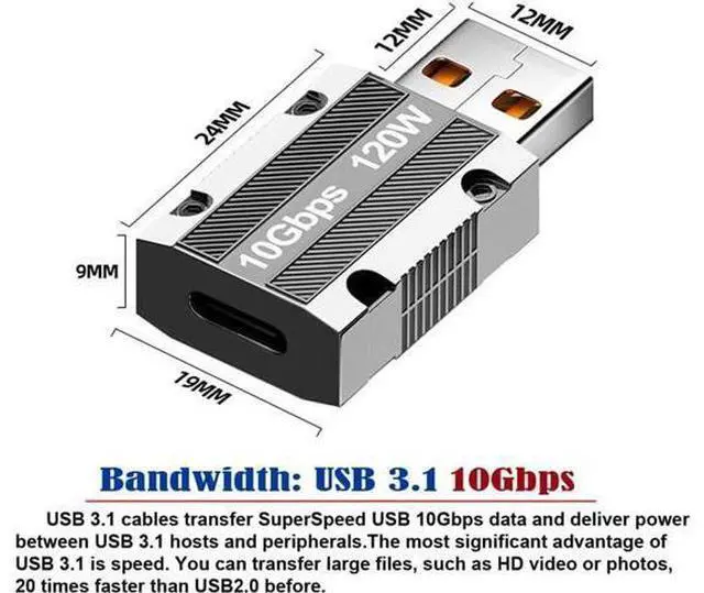 Alt view image 2 of 7 - USB-C USB 3.1 Type C Female to USB 3.0 A Male 10Gbps Data 120W Power Adapter Alloy Shell for Laptop Tablet Mobile Phone