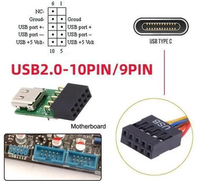 Alt view image 6 of 7 - Single Port USB 3.1 Type C USB-C Female to USB 2.0 Motherboard 9pin 10pin Header Adapter PCBA 480Mbps