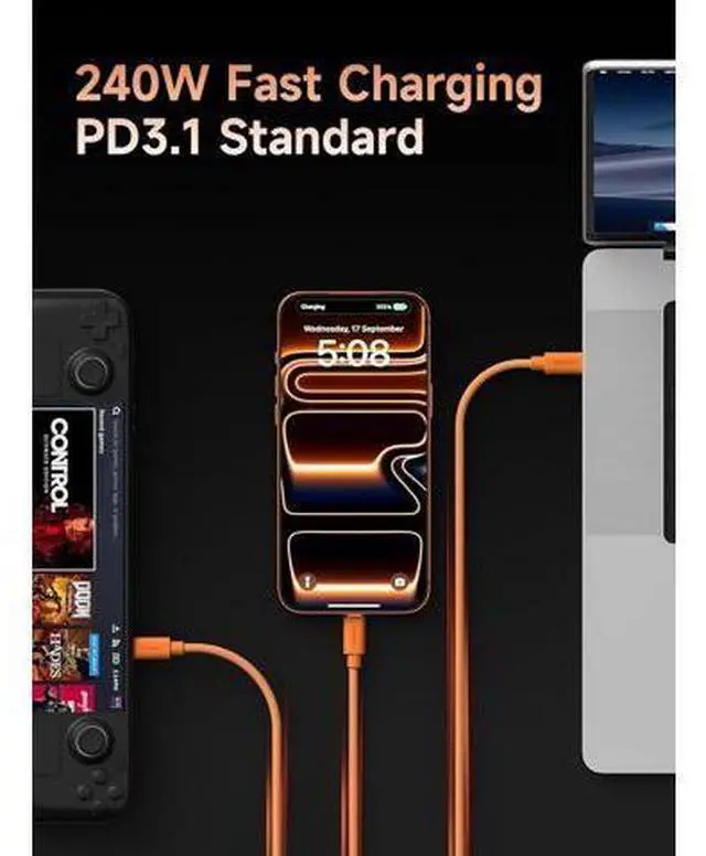 Alt view image 2 of 7 - Wedge Joint USB-C Cable, 240W Fast Charging Cable Flexible USB Type C Cable 480Mbps Data Transfer USB-C Cord for iPhone 17 16 15 Pro Max, MacBook Pro Air (Orange, 3.3FT)