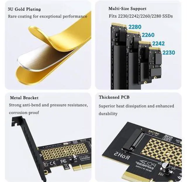 Alt view image 3 of 3 - PCIE to M.2 NVMe B+M Key Expansion Card High Speed Support NVMe 2230 2240 2260 2280 SSD Support PCIe X4 X8 X16 (PCIe4.0 x4 Card)