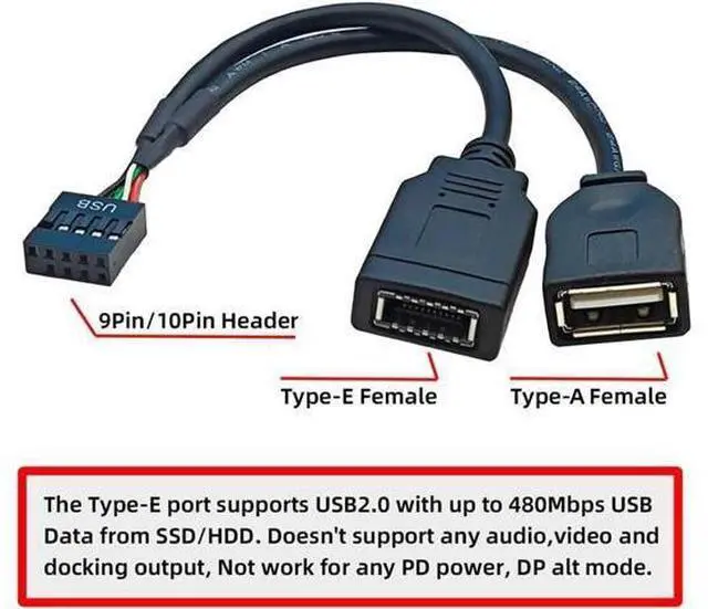 Alt view image 7 of 7 - USB 2.0 9Pin Male 1 to 2 USB 2.0/USB 3.1 Type E Key-A Female Front Panel Socket to 9Pin Mainboard Header Extension Cable 0.49FT