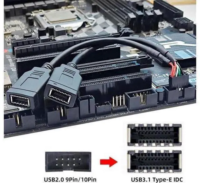 Alt view image 2 of 7 - USB 2.0 9Pin Male 1 to 2 USB 3.1 Type E Key-A Female Front Panel Socket to 9Pin Mainboard Header Extension Cable 0.49FT
