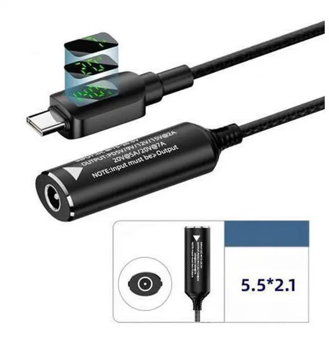 Alt view image 2 of 7 - DC Jack 5.5x2.1mm Input to USB-C Type-C Power 140W Smart LED Display Charge Cable for Laptop Phone PD9V/5V/20V/7A